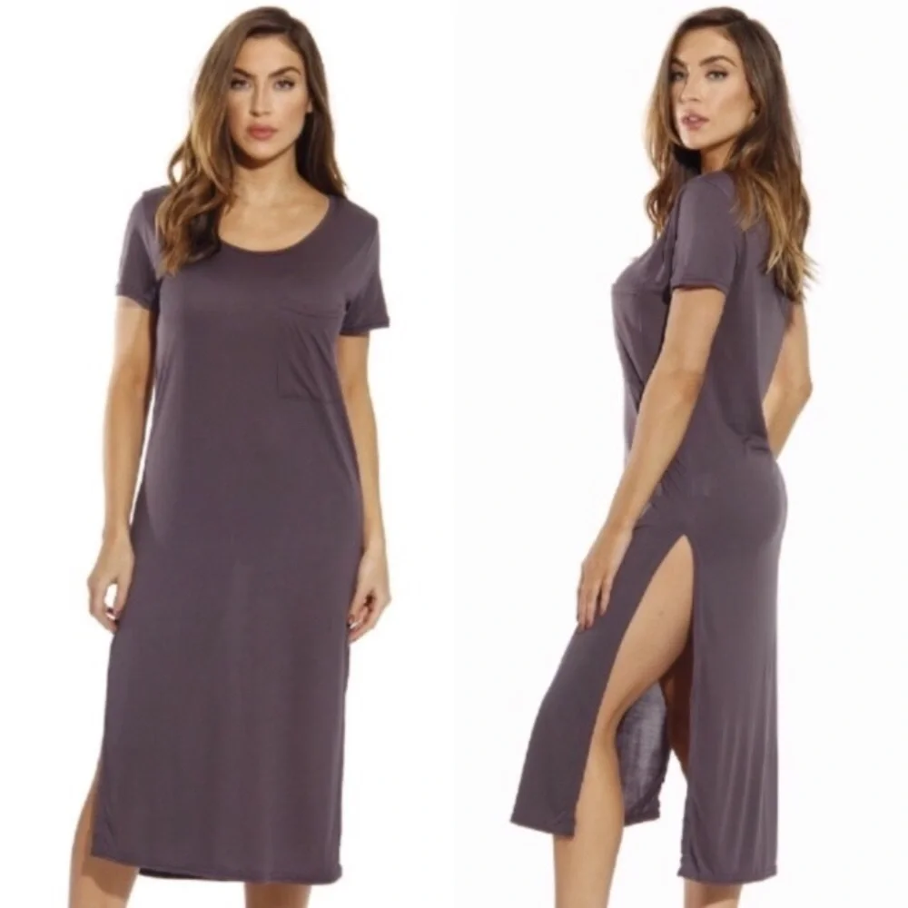 💥 CLEARANCE Long Side Slits Short Sleeve Jersey Midi Dress Steel Grey - Picture 1 of 1
